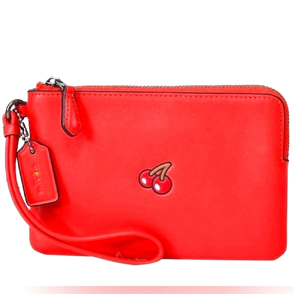 NWT☆COACH☆Limited Edition 1st PacMan Cherry Print Leather Corner Zip Wristle…